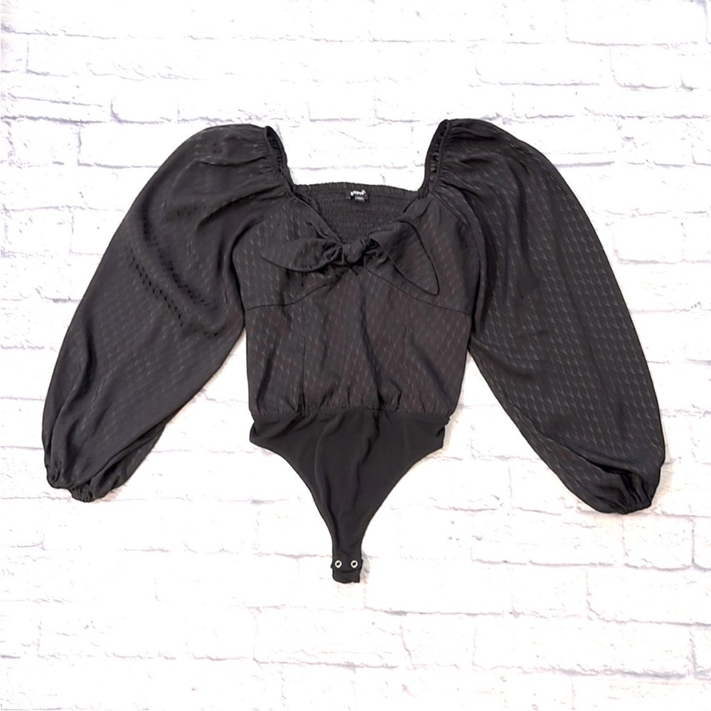 Express Puff-Sleeve Bodysuit Black Tie-Front Wide Neck Long Sleeve Size Large